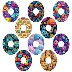 Może przedstawiać: Kolekcja kolorowych ilustracji w kształcie pączków z różnymi potworami z kreskówek. Każdy projekt prezentuje unikalny układ futrzanych, wielookich stworzeń w żywych odcieniach, takich jak niebieski, fioletowy, pomarańczowy i zielony, tworząc zabawną i kapryśną estetykę.