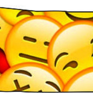 May include: A yellow background with a pattern of various yellow emoji faces. The emoji faces include a winking face, a surprised face, a thinking face, a smiling face with sunglasses, and a frowning face.