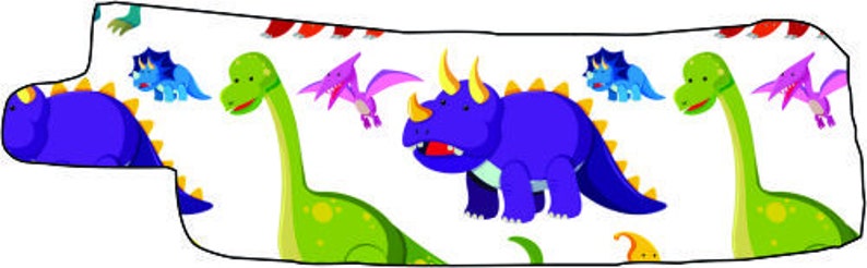 May include: A white background with a repeating pattern of colorful dinosaurs. The dinosaurs include a green brachiosaurus, a purple triceratops, a blue pterodactyl, and a blue stegosaurus.