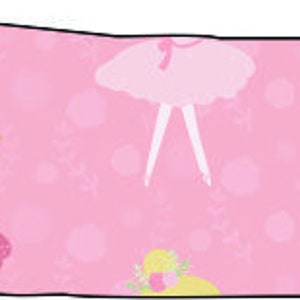 May include: Two cartoon ballerinas with pink tutus and crowns on a pink background with white polka dots.