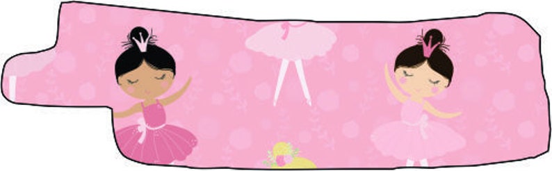 May include: Two cartoon ballerinas with pink tutus and crowns on a pink background with white polka dots.
