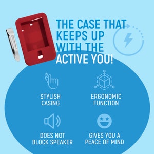 May include: A red phone case with a cutout for the camera and buttons. The case is designed to be stylish and ergonomic, and it does not block the speaker. The text "THE CASE THAT KEEPS UP WITH THE ACTIVE YOU!" is displayed above the case.