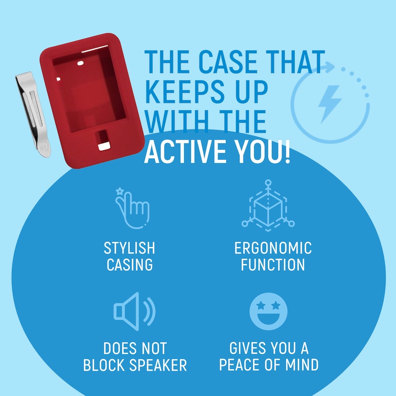 May include: A red phone case with a cutout for the camera and buttons. The case is designed to be stylish and ergonomic, and it does not block the speaker. The text "THE CASE THAT KEEPS UP WITH THE ACTIVE YOU!" is displayed above the case.