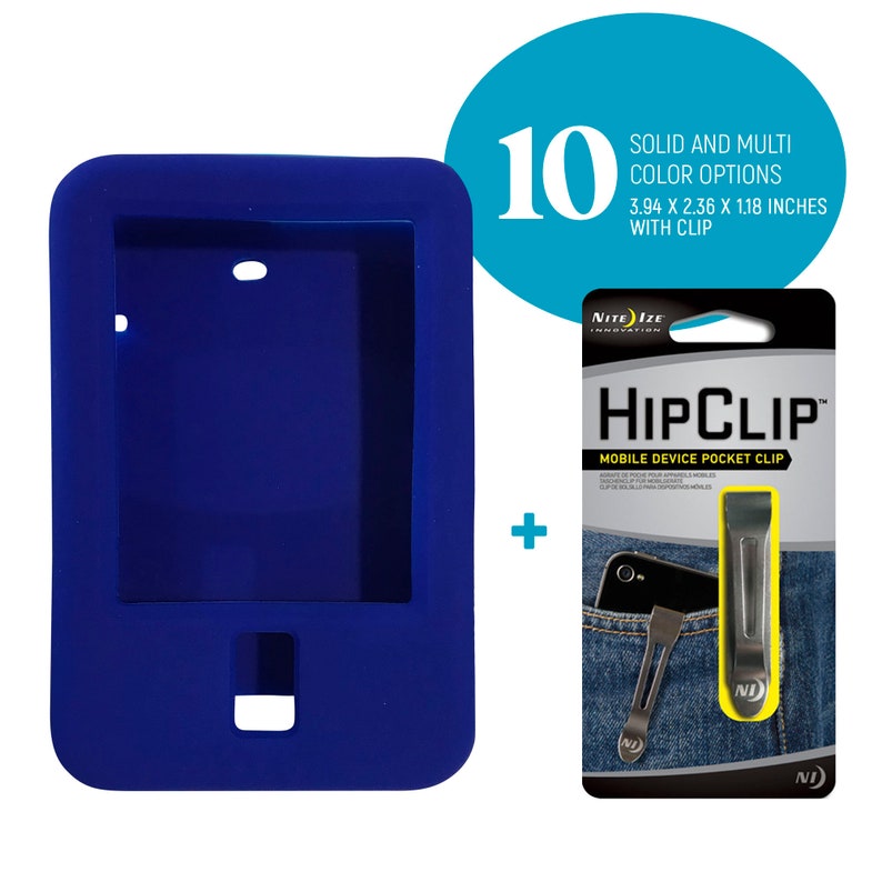 May include: A blue silicone phone case with a built-in kickstand and a Nite Ize HipClip mobile device pocket clip. The clip is silver and has a yellow Nite Ize logo. The case is 3.94 inches by 2.36 inches by 1.18 inches.
