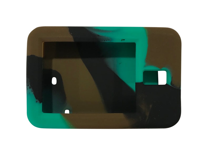 May include: A camouflage-patterned silicone case for a small electronic device. The case is green, brown, and black.