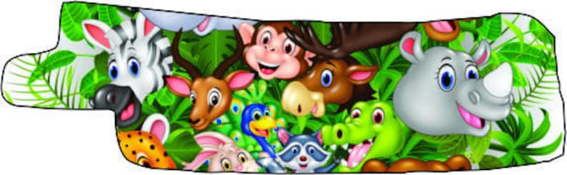 May include: A colorful illustration of various jungle animals, including a zebra, monkey, moose, deer, rhino, raccoon, and a crocodile. The animals are surrounded by green leaves and vines.