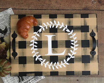 Personalized Wood Serving Tray in Buffalo Check Plaid with White Personalized Initial/Monogrammed Serving Tray/Modern Farmhouse Decor