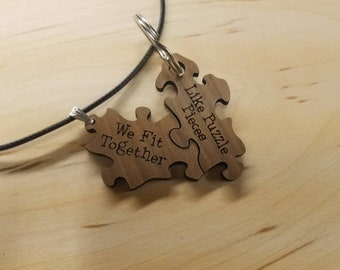 Puzzle pieces necklace and keychain set - walnut wood - 18" necklace