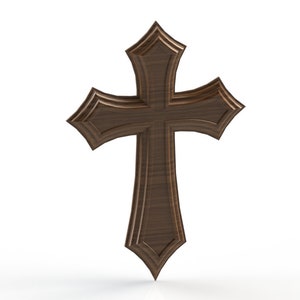 Pode incluir: Uma cruz de madeira castanho escuro com um design decorativo e ornamentado. A cruz tem um acabamento liso e polido.