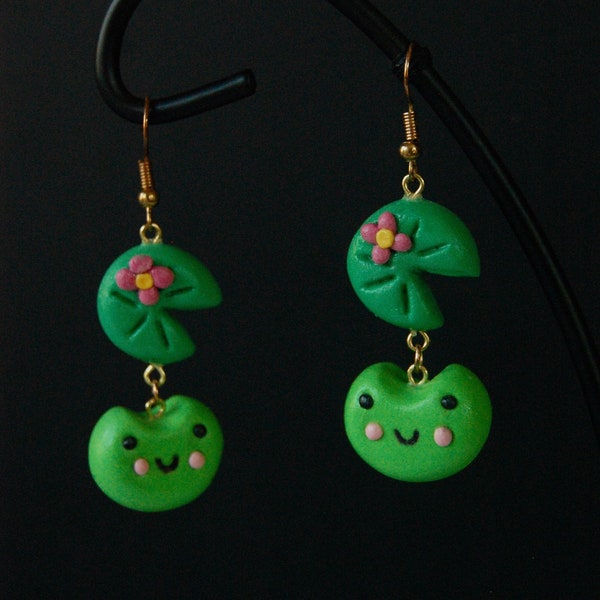Clay Frog and Lilypad Dangle Earrings, Lesbian Animal Froggie Earrings, Gay Jewelry