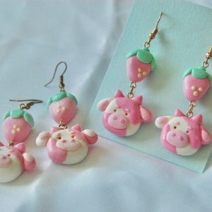 Clay Strawberry Cow Earrings, Handmade Lightweight Kawaii Animal Dangly Earrings