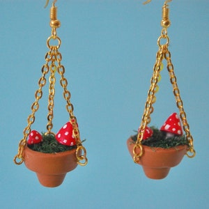 Mushroom Hanging Potted Plant Clay Dangly Earrings, Cottagecore Unique Handmade Lightweight Lesbian Flower Gardening Earrings