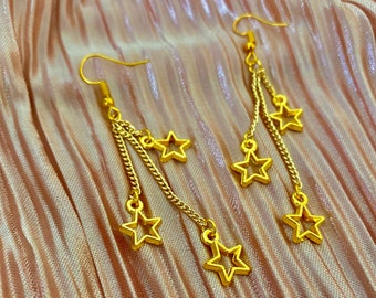 Shooting Star Dangle Earrings, Triple Gold Star Celestial Earrings