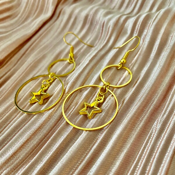 Gold Two-Tier Hoop Star Dangle Earrings, Fancy Gifts for Women, Space Galaxy Themed Jewelry