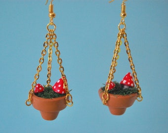 Mushroom Hanging Potted Plant Clay Dangly Earrings, Cottagecore Unique Handmade Lightweight Lesbian Flower Gardening Earrings