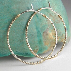 Silver and Gold Mixed Metal Hoop Earrings Sterling Silver with Gold Wire Wrap Hoops,Handmade USA