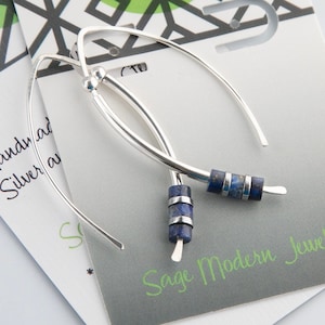 Lapis Earrings,Sterling Silver Hoops,Blue Stone Earrings,Lapis Hoops,Silver and Blue Earrings,Sterling Silver Earrings,Modern Earrings,USA