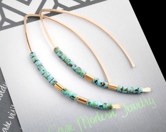 Pendientes de turquesa, pendientes de oro, pendientes bicolor, pendientes azules, pendientes verdes, aros de turquesa, pendientes azules, aros de oro, oro y turquesa