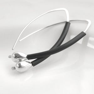 Sterling Silver and Black Hoop Earrings, Black Modern Two-Tone Earrings  925 Sterling Silver Handmade In USA