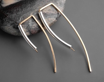 Unique Gold and Silver Hoop Earrings,Mixed Metal Threaders Minimal Earrings in Silver and Gold,Modern Hammered Earring Handmade USA