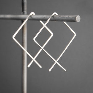 Minimalist Sterling Silver Square Hoop Earrings  Geometric Threader Square Hoops Handmade USA