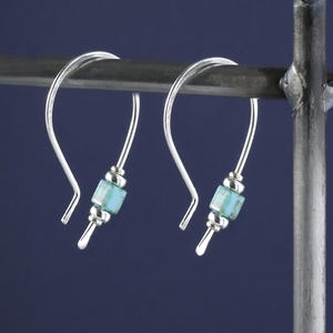 Small Sterling Silver and  Turquoise Earrings,Handmade Minimal Turquoise Hoops,Unique Silver Hoops,USA