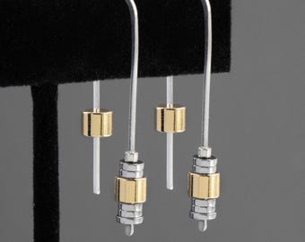 Mixed Metal Gold and Silver Earrings, Modern Two Tone Earrings Handmade USA