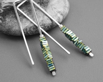 Silver Earrings,Multi Colored Earrings,Green  Earrings,Silver and Green Earrings,Geometric Earrings,Stacked Stone Earrings,Modern Earrings