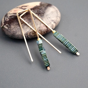 Gold Earrings,Multi Colored Earrings,Green  Earrings,Gold and Green Earrings,Geometric Earrings,Handmade Gift USA,Modern Earrings,Edgy Hoops