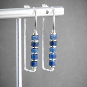 Lapis and Sterling Silver Earrings,Lapis Lazuli Blue Earrings,Small Rectangle Hoops,Minimal Modern  Earrings,Handmade USA