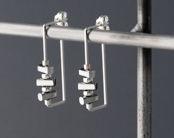 Sterling Silver Earrings,Hugger Earrings,Small Geometric Hoops,Rectangle Earrings,Minimal Earrings,Modern Silver Earrings,Edgy Earrings,USA