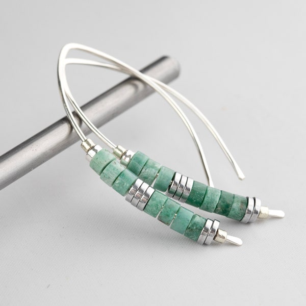 Green Earrings,Modern Earrings,Silver Earrings,Multi Colored Earrings,Sterling Silver and Green Hoops Green Stone Earrings,Handmade USA