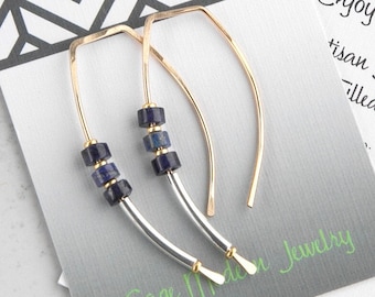 Silver and Gold Earrings,Mixed Metal Earrings,Two Tone Earrings,Sterling Silver Earrings,Lapis Earrings,Blue Stone Earrings,Handmade USA