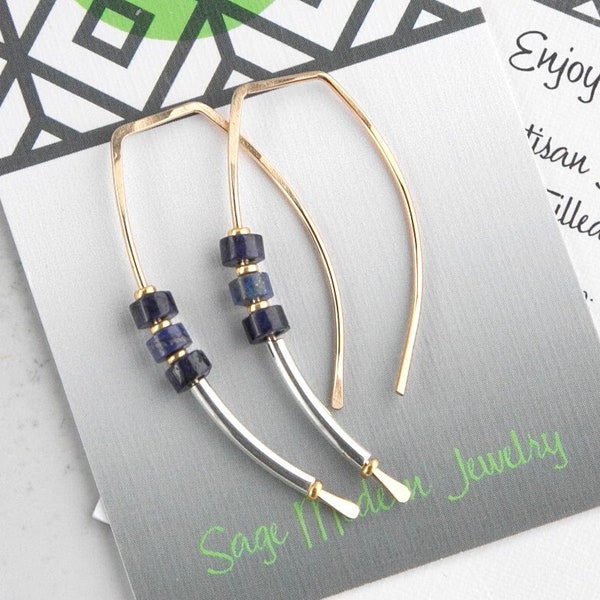 Silver and Gold Earrings,Mixed Metal Earrings,Two Tone Earrings,Sterling Silver Earrings,Lapis Earrings,Blue Stone Earrings,Handmade USA