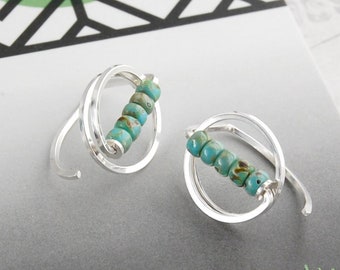 Sterling and Turquoise Earrings,Small Silver andTurquoise Hoops,Circle Earrings, Beaded Earrings,Huggie Hoops,USA