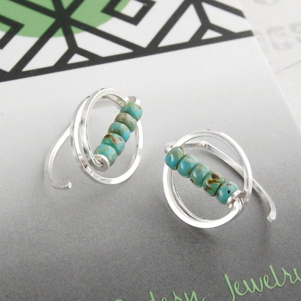 Turquoise Earrings,Turquoise Hoops,Silver Circle Earrings,Small Silver Hoops,Turquoise Beaded Earrings,Blue Green Earrings,Huggie Hoops,USA