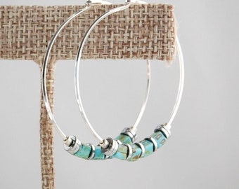 Sterling Silver Hoop Earrings,Turquoise Earrings,Turquoise Hoops,Large Hoops,Modern Hoops,Blue Hoops,Hammered Silver Hoops,Beaded Hoops,USA