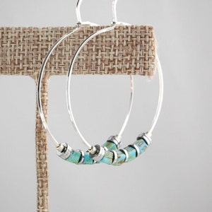 Sterling Silver Hoop Earrings,Turquoise Earrings,Turquoise Hoops,Large Hoops,Modern Hoops,Blue Hoops,Hammered Silver Hoops,Beaded Hoops,USA