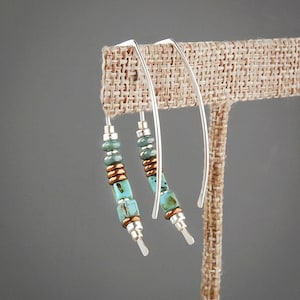 Turquoise Earrings,Silver Earrings,Turquoise Hoops,Boho Earrings,Mixed Metal Earrings,Modern Silver Earrings,Blue Earrings,Two Tone Earrings