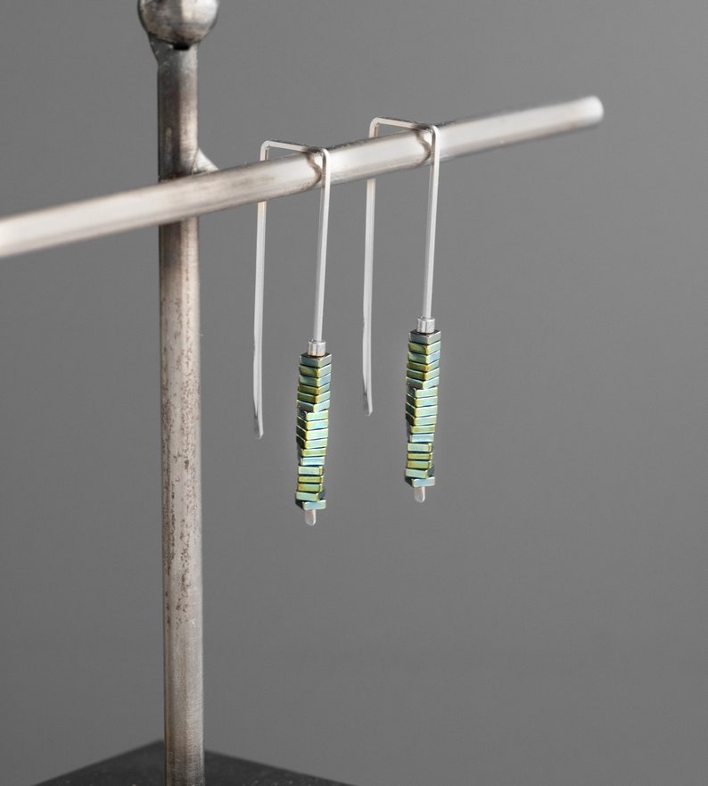 Silver Earrings,Multi Colored Earrings,Green Earrings,Silver and Green Earrings,Geometric Earrings,Stacked Stone Earrings,Modern Earrings image 5