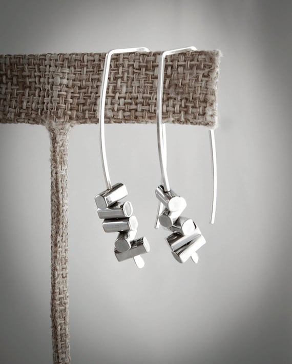 Sterling Silver Earrings,Silver Drop Earrings,Modern Silver Earrings,Sterling Dangles,Hammered Earrings,Sterling Earrings,Silver Threaders