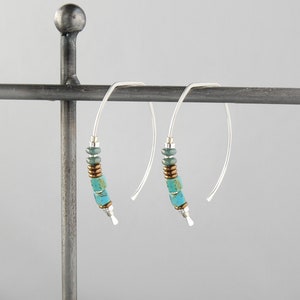Pendientes de turquesa, pendientes de plata, aros de turquesa, pendientes bohemios, pendientes de varios metales, pendientes modernos de plata, pendientes azules, pendientes bicolor. imagen 8