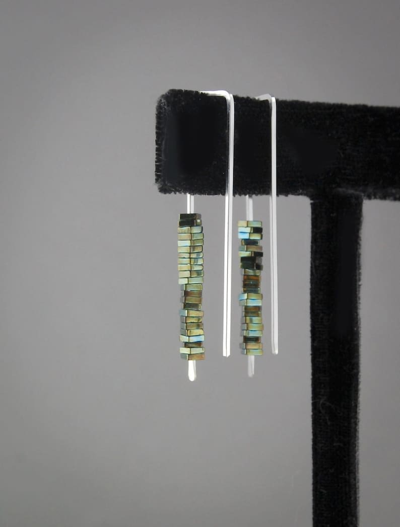 Silver Earrings,Multi Colored Earrings,Green Earrings,Silver and Green Earrings,Geometric Earrings,Stacked Stone Earrings,Modern Earrings image 2