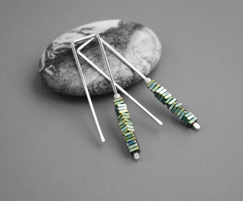 Silver Earrings,Multi Colored Earrings,Green Earrings,Silver and Green Earrings,Geometric Earrings,Stacked Stone Earrings,Modern Earrings image 1