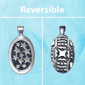 Reversible Star Pendant, Recycled Fine Silver Necklace, Sustainable Jewelry, Shadowbox and Geometric Design, Cute Celestial Oval