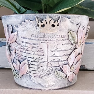 Flowerpot, Magnolia, Carte Postale, bee clay relief, distressed flower pot, vintage, relic style flower pot, Half Cano type terra cotta pot