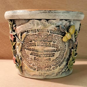 Flowerpot, Marmalade label, bumble bee, wildflower molded clay relief, distressed flower pot, vintage, relic style flower pot, Cylinder pot