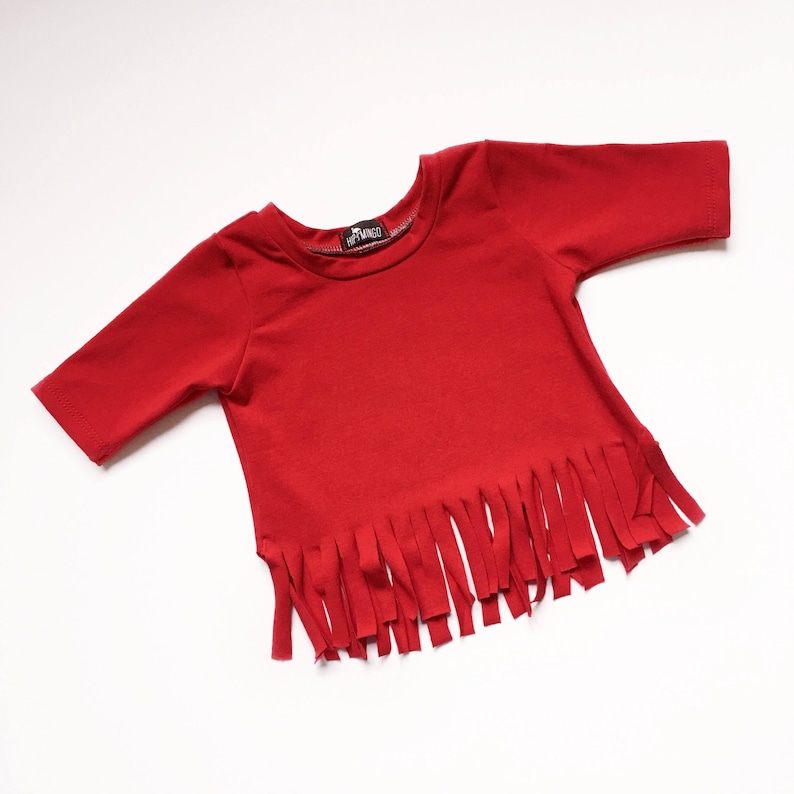 Baby girl red fringe shirt boho girl top red 34 sleeve shirt toddler handmade top trendy girl clothes hippie baby toddler gift