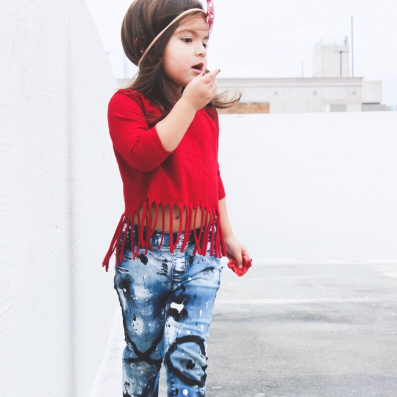 Baby girl red fringe shirt boho girl top red 34 sleeve shirt toddler handmade top trendy girl clothes hippie baby toddler gift