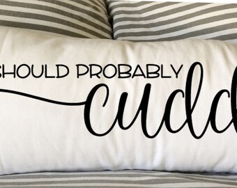 We Should Snuggle Pillow, 12x24 Lumbar, Housewarming Gift, Burlap Pillow, Wedding, New Home Gift, Gift Pillow, Christmas